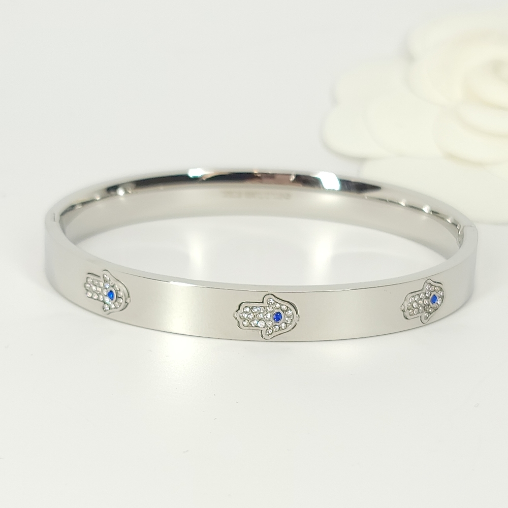 NEW Hamsa Pave CZ Stainless Steel Bangle Bracelet - Picture 3 of 10